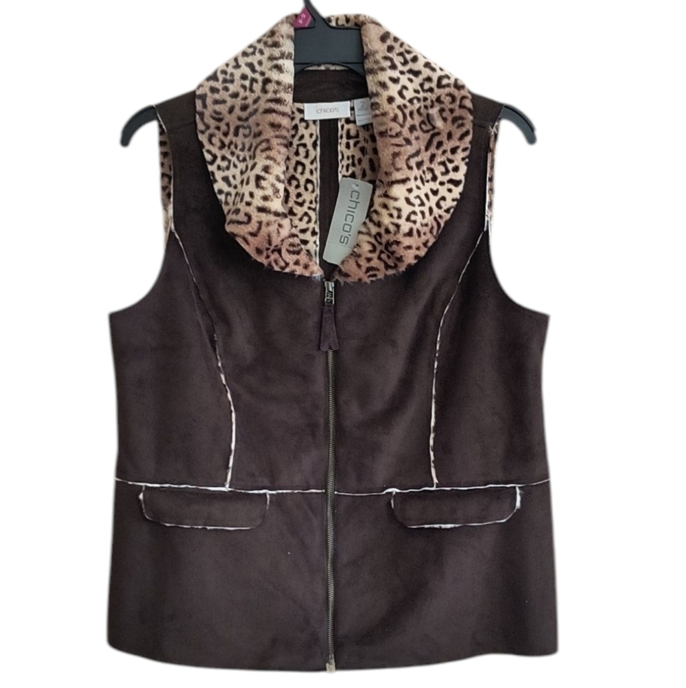 NWT Chico's Dark Brown Ava Vest With Animal Print Faux Fur Collar Size 2
